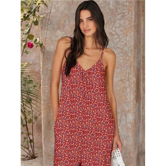 Women Summer Casual Boho Wide Leg Jumpsuits Floral Red - Picture 5 of 6